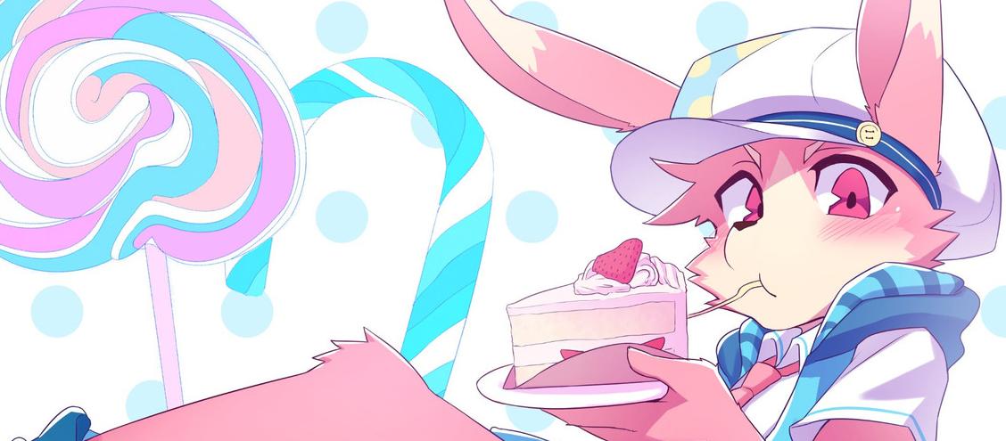 Discovery splash banner for BoyKisser Bakery ૮ ˶ᵔ ᵕ ᵔ˶ ა *✧ ☄*. | Furry • Art • VRChat • Commissions • Femboy • Boykisser Discord server